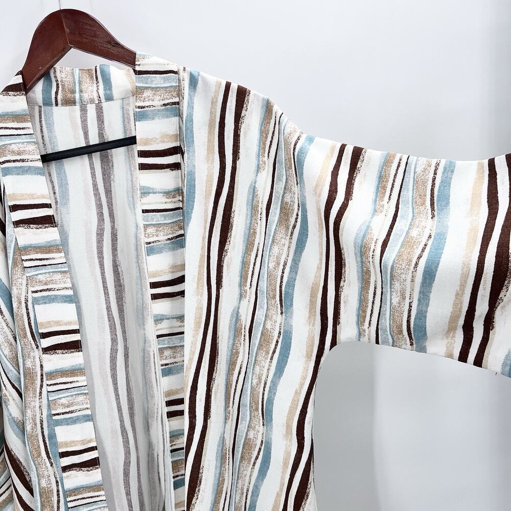Vintage Custom OOAK Blue Brown Striped Linen Kimono Cardigan Jacket - Picture 5 of 6